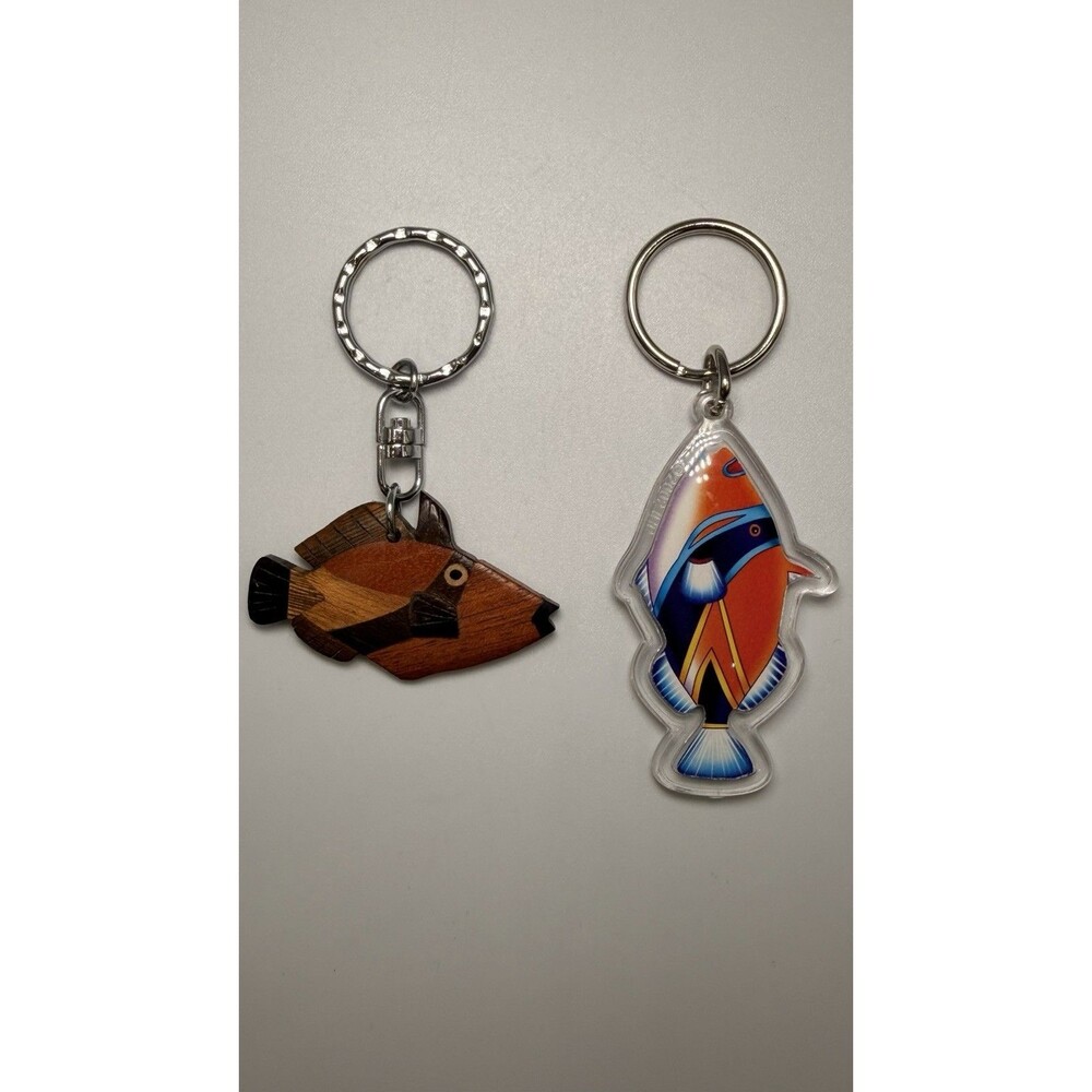 Vintage Fish Keychain Set Wood Carved Tropical Fish Acrylic Nautical Beach